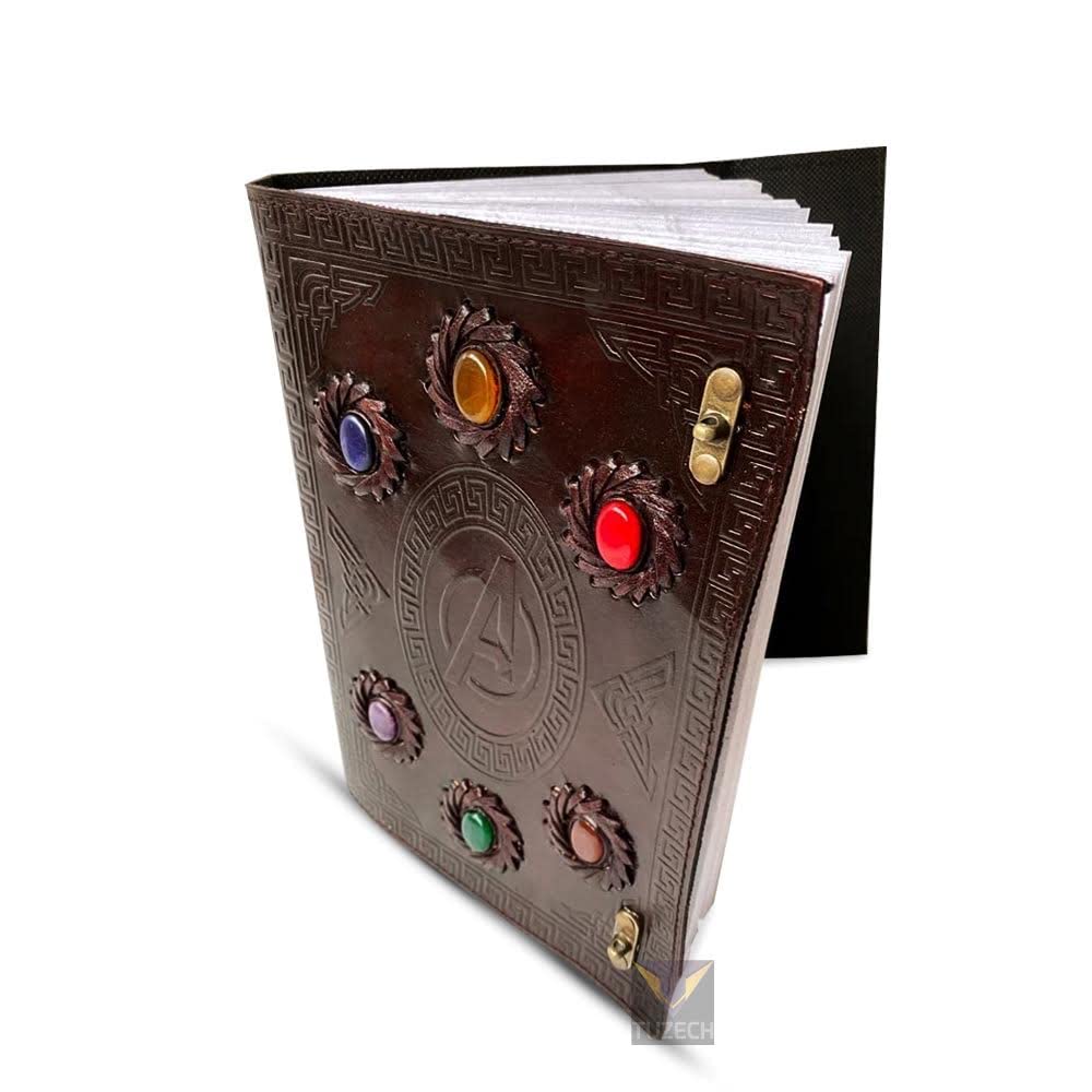 TUZECH Avengers embossed 10 inches Handmade Leather Journal With Stones / Art Sketchbook & Travel diary with Vintage lock Latch 7 x 10 Inch-Tuzech store