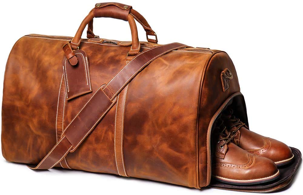 TUZECH Leather Vintage Travel Luggage Bag Men Duffel Retro Carry on Handbag Tan Brown – | Gym Sports Bag Airplane Luggage Carry-With Shoe Compartment (22 Inches)-Tuzech store