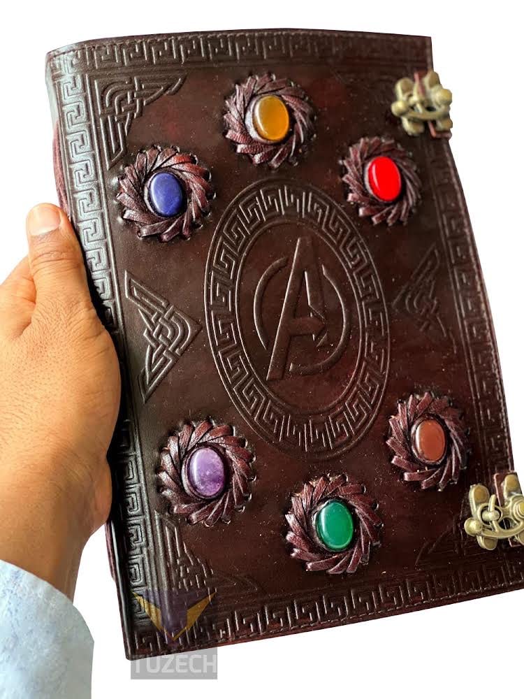 TUZECH Avengers embossed 10 inches Handmade Leather Journal With Stones / Art Sketchbook & Travel diary with Vintage lock Latch 7 x 10 Inch-Tuzech store