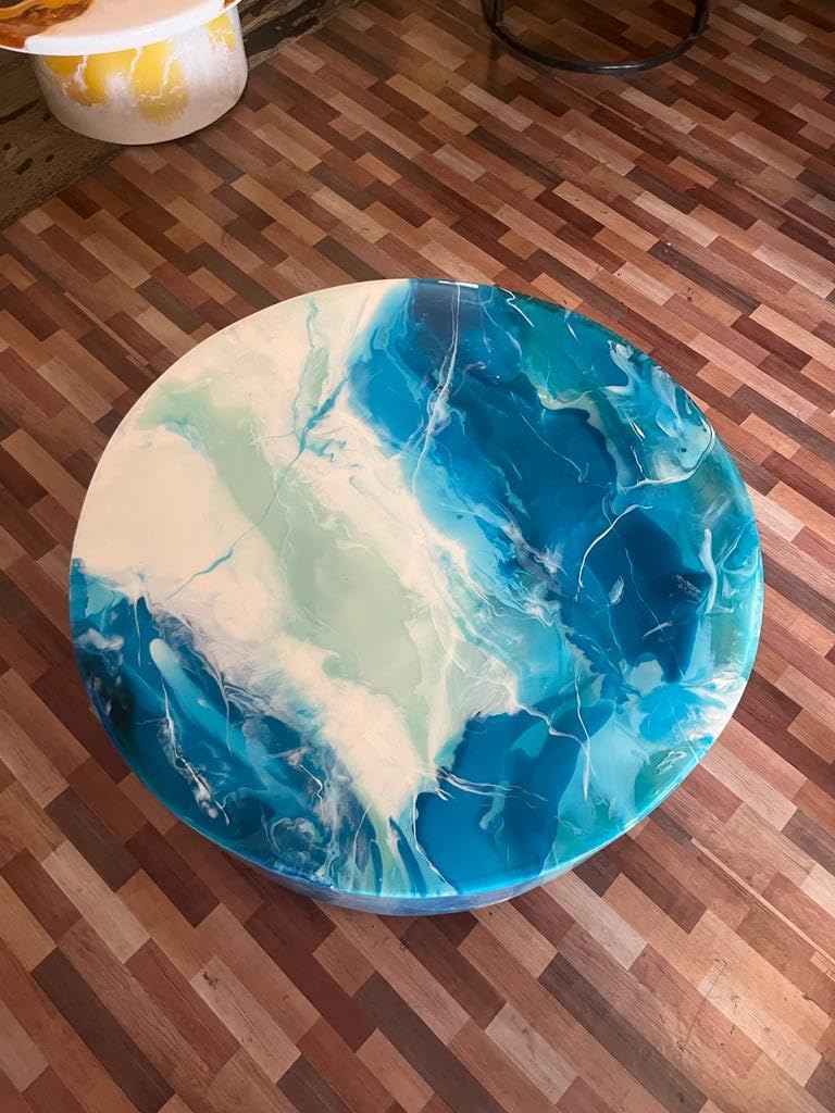 Unique White Epoxy with Blue Ocean Flow Look Round Table Top, Coffee Table, Resin Table, Luxury Table, Walnut Table, Wooden Resin Table. Size 42 by 42 Inches with Legs 12" Inches