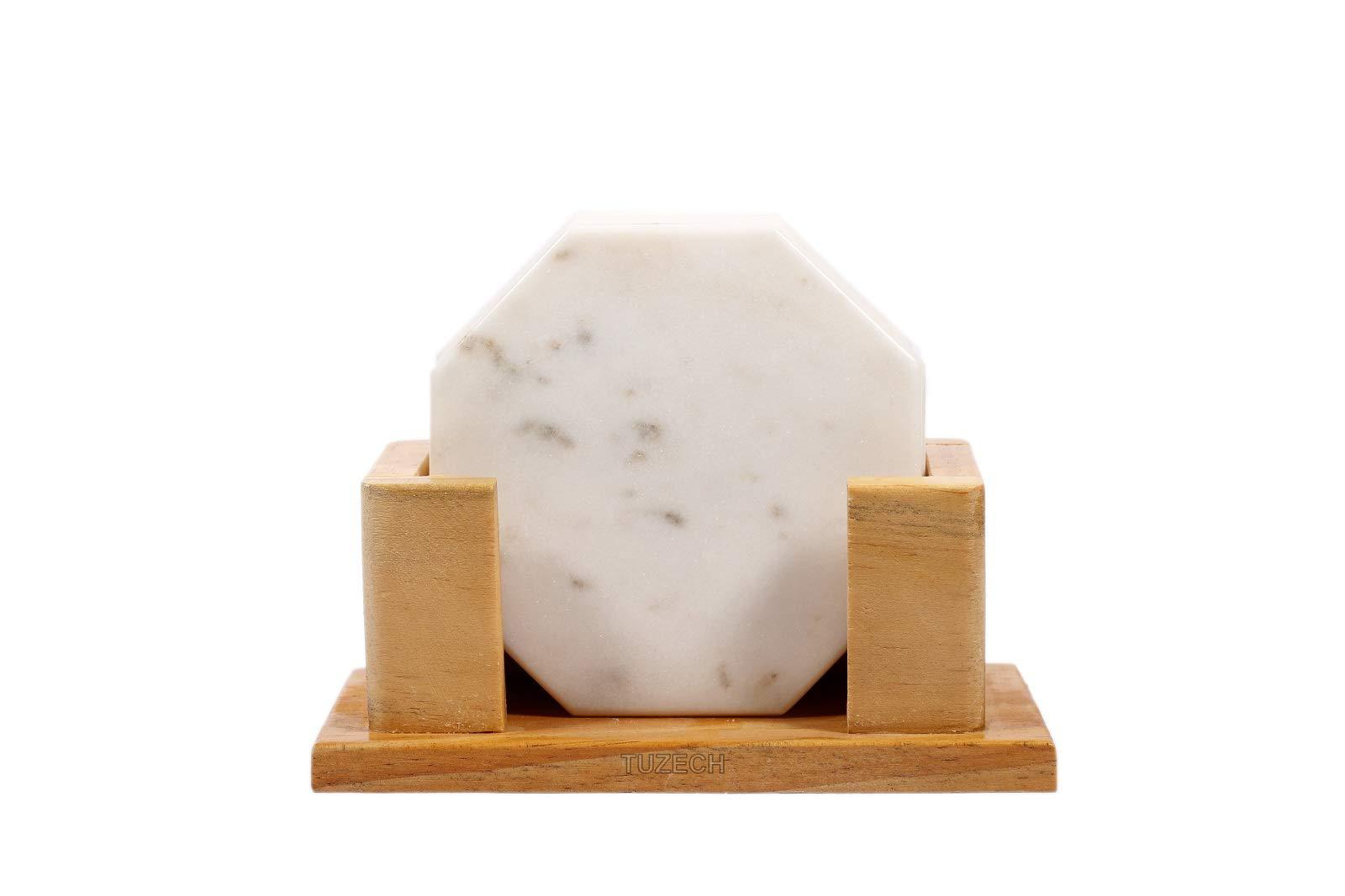 100% Pure Marble Natural Stone Coasters for Drinks with Wooden Holder Housewarming Suitable for Cup Glasses Prevent Furniture from Dirty Spills Water Ring, Scratches 4Inches Set of 6-Tuzech store