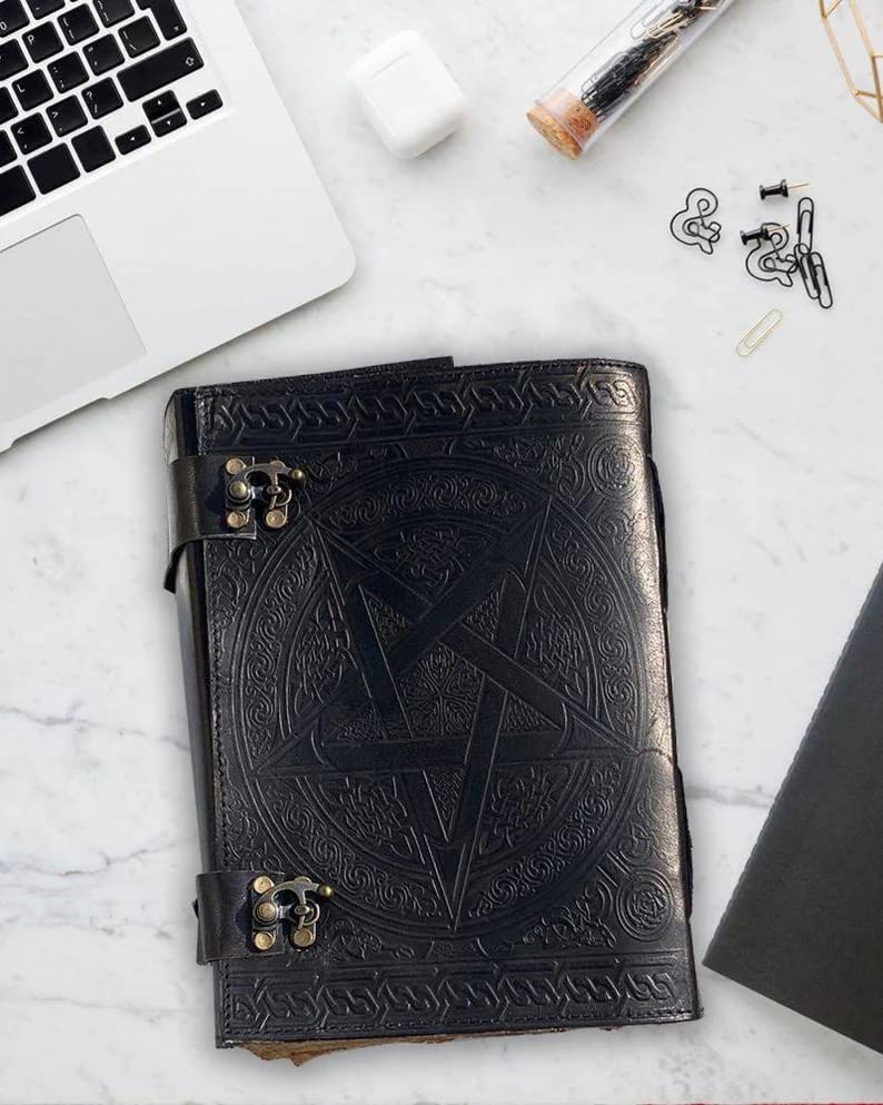 1000 Pages Large Black Pentagram Embossed Leather Journal | Writing Leather Notebook | Leather grimoire Book | Handmade Leather Journal Gift-Tuzech store