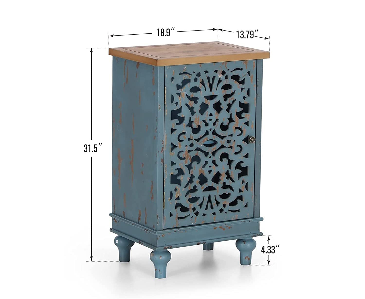 TUZECH Accent Storage Cabinet with Single Door, Distressed Decorative Nightstand End Side Table with Wooden Frame and Hollow-Carved Floral Pattern for Entryway Living Room Bedroom