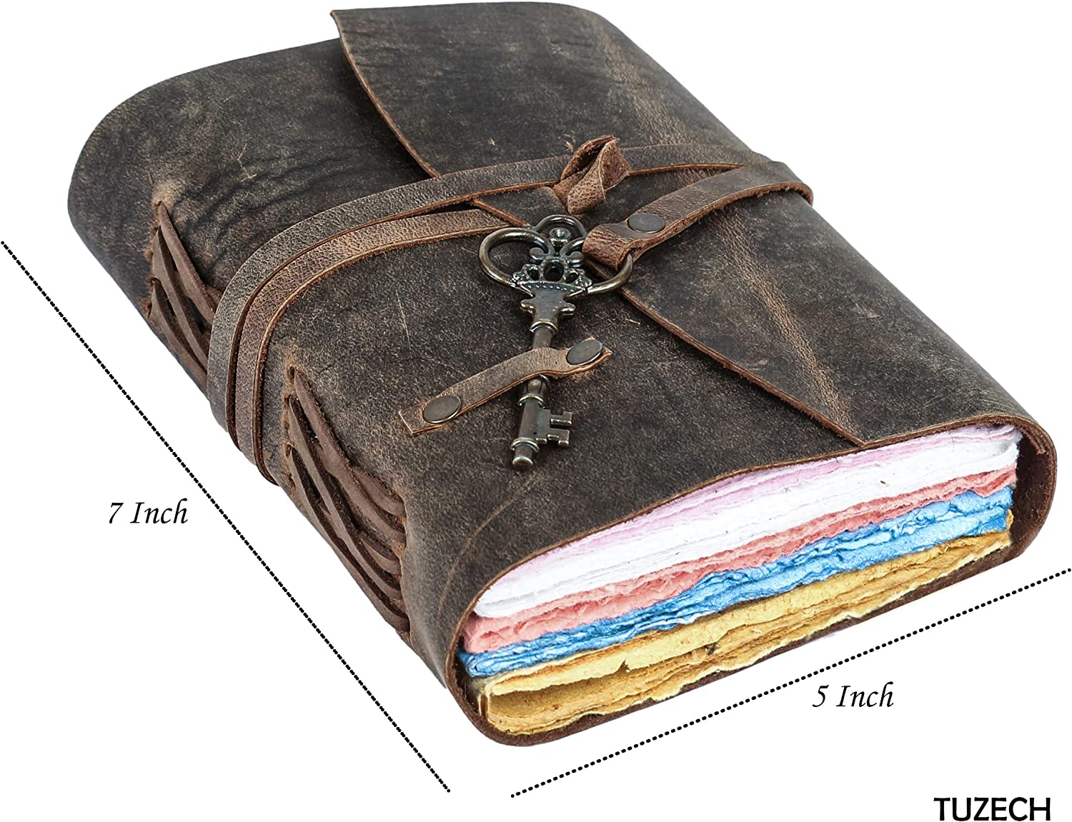 Tuzech Leather Journal for Women Men Gift With Deckle Edge Paper , Leather Scrapbook, Book of Shadows, Vintage Journal, Old Books, Grimoire, Antique Drawing Sketchbook Colourful Paper 7 by 5 Inches-Tuzech store