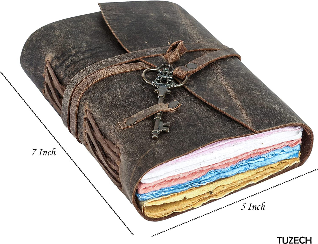 Tuzech Leather Journal for Women Men Gift With Deckle Edge Paper , Leather Scrapbook, Book of Shadows, Vintage Journal, Old Books, Grimoire, Antique Drawing Sketchbook Colourful Paper 7 by 5 Inches-Tuzech store