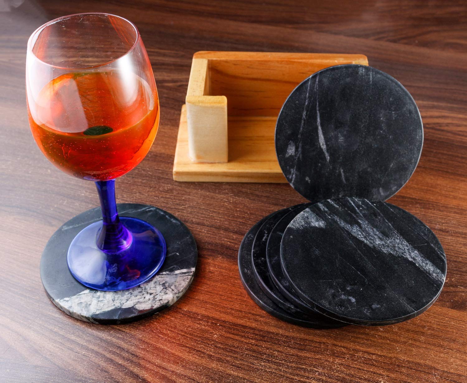 100% Pure Marble Natural Stone Coasters for Drinks with Wooden Holder Housewarming Suitable for Cup Glasses Prevent Furniture from Dirty Spills Water Ring, Scratches 4Inches Set of 6-Tuzech store