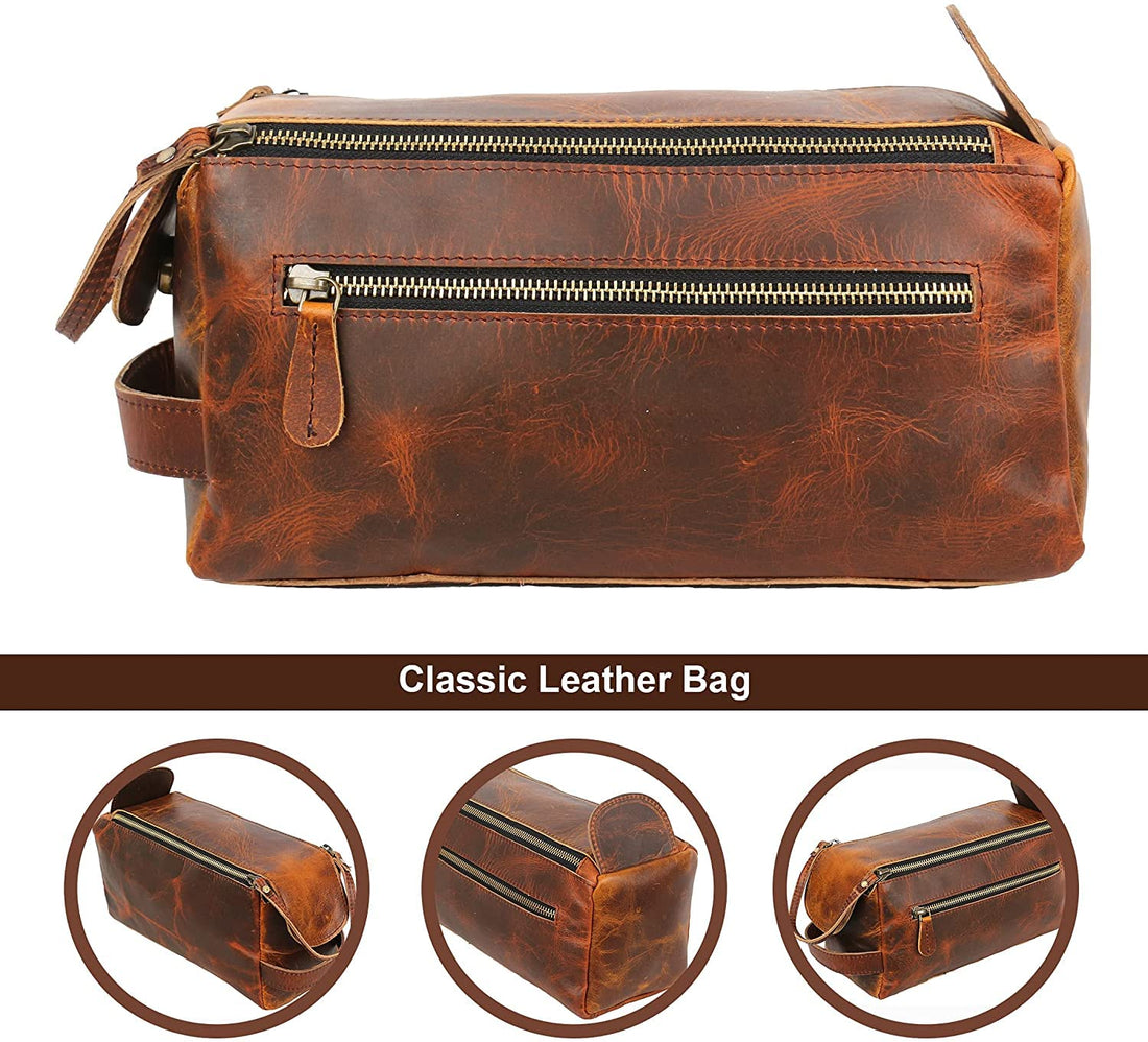 Tuzech Vintage Full Grain Leather Handmade Travel Toiletry Bag Vintage Travel Shaving & Dopp Kit : for Toiletries, Cosmetics & More (Dark Brown)-Tuzech store