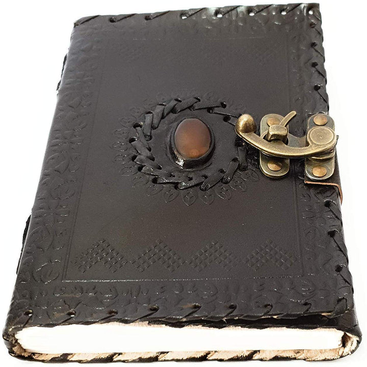 ININDIA Handmade Pure Leather Diary Leather Journal for Men and Women -Office Home Daily Use, Poem Writing with Lock Diary 7 Inches and Luck Stone (Black)-Tuzech store