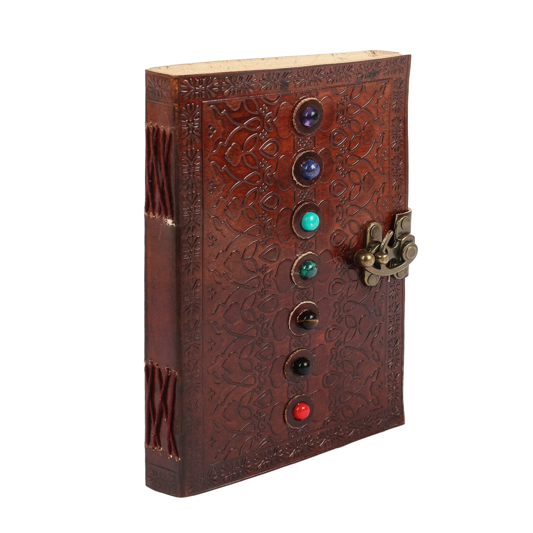 Tuzech Leather Book of Shadows Journal, Supernatural Notebook with Chakra Gem Stones Healing Crystals and Latch, (Brown Single Lock)-Tuzech store