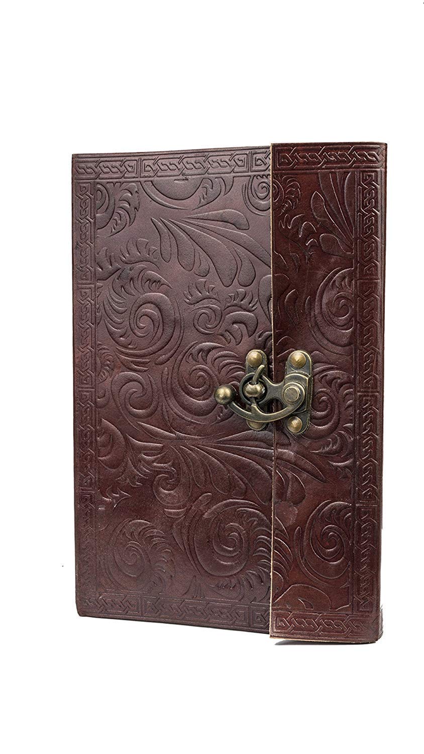 TUZECH House Leather Journal Writing Notebook - Antique Handmade Leather Bound Daily Notepad for Men + Women Unlined Paper Sketchbook, Travel Diary C Lock Brown (9 x 6 Inch)-Tuzech store