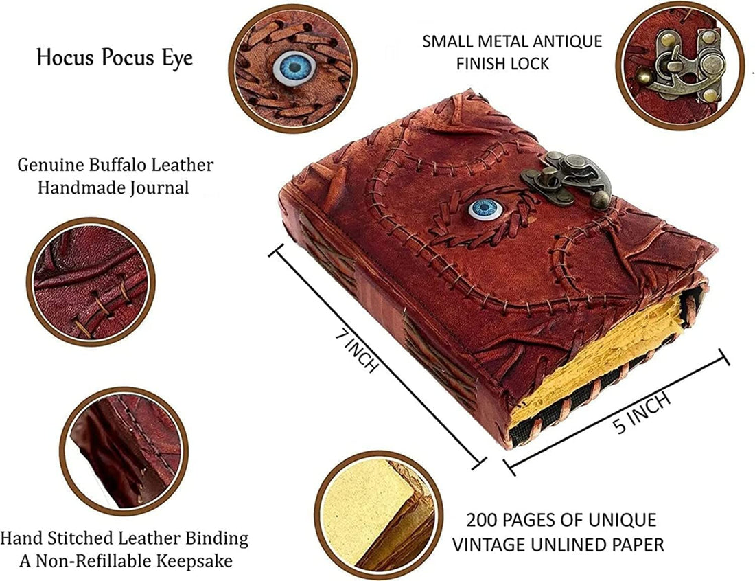 TUZECH Customizable Hocus Pocus Book of Spells Leather Journal Deckle Edge Paper Grimoire Journal Third Eye Vintage Book of Shadows Seven Chakra Antique Spell Book Lock Clasp Notebook Witch