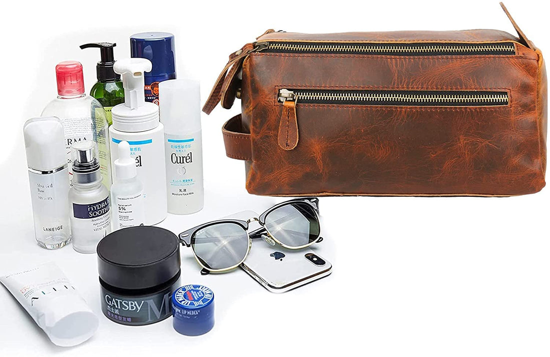 Tuzech Vintage Full Grain Leather Handmade Travel Toiletry Bag Vintage Travel Shaving & Dopp Kit : for Toiletries, Cosmetics & More (Dark Brown)-Tuzech store