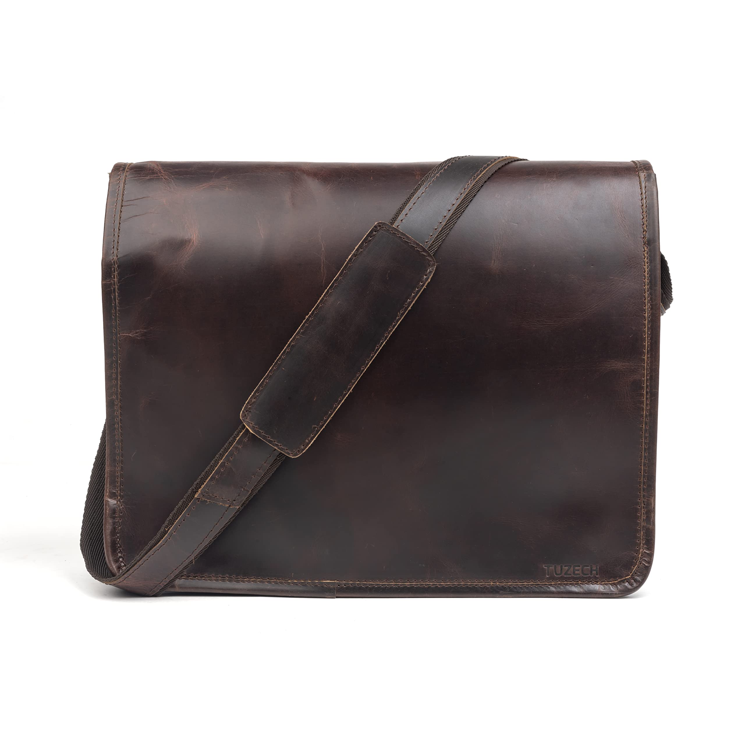 TUZECH Genuine Leather Bag Handmade Vintage Rustic Cross Body Messenger Laptop Bag Courier Satchel Bag Gift Men Women Bag (Dark Brown)