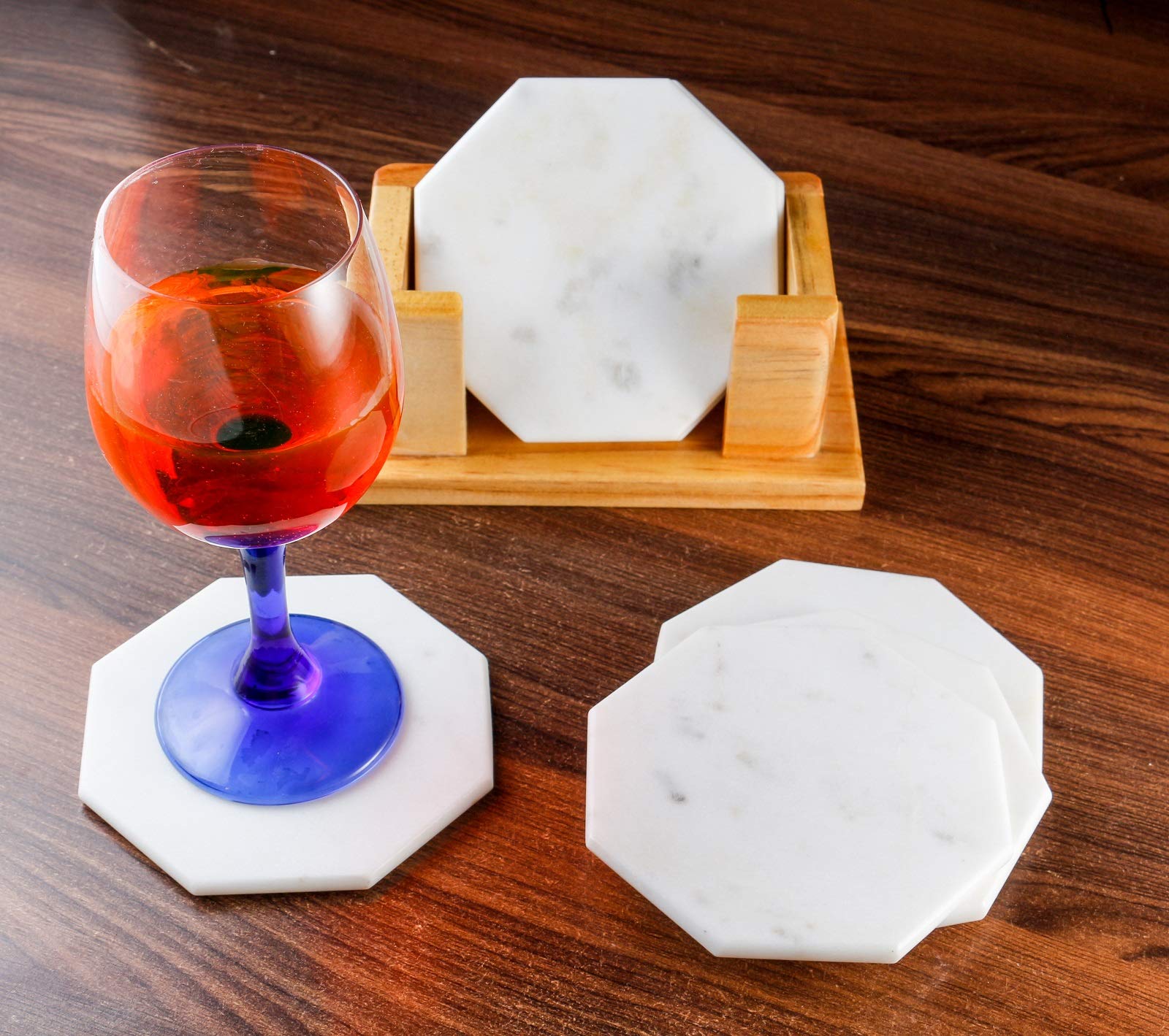 100% Pure Marble Natural Stone Coasters for Drinks with Wooden Holder Housewarming Suitable for Cup Glasses Prevent Furniture from Dirty Spills Water Ring, Scratches 4Inches Set of 6-Tuzech store