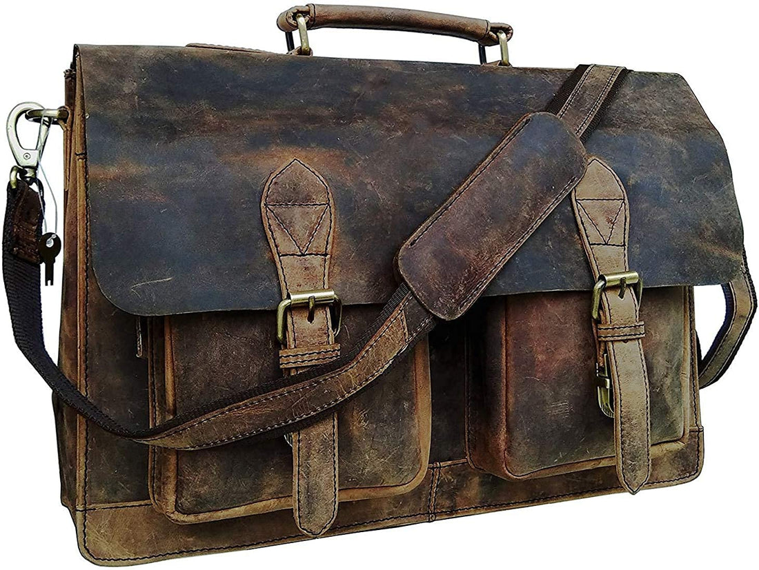 Tuzech genuine Retro Buffalo Hunter Leather Laptop Messenger Bag Office Briefcase College Bag Leather Bag for Men and Women (15 Inches)-Tuzech store