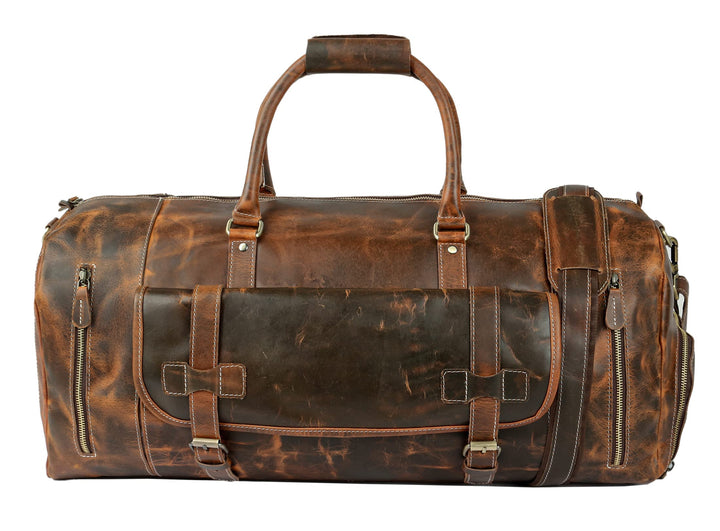 Tuzech Vintage Leather men's Travel Duffle luggage bag with Shoe Pouch ,Professional Bag Gym Sports Soft Shell Overnight Weekend Brown Color (26 Inches )-Tuzech store