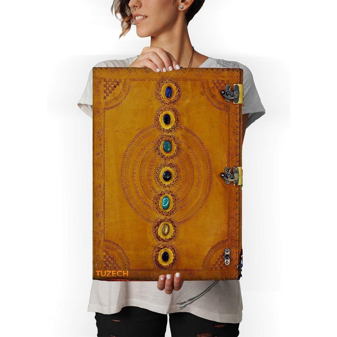 Tuzech Seven Chakra Medieval Stone Embossed Handmade Jumbo Leather Journal Book of Shadows Notebook Office Diary College Poetry Sketch-Tuzech store