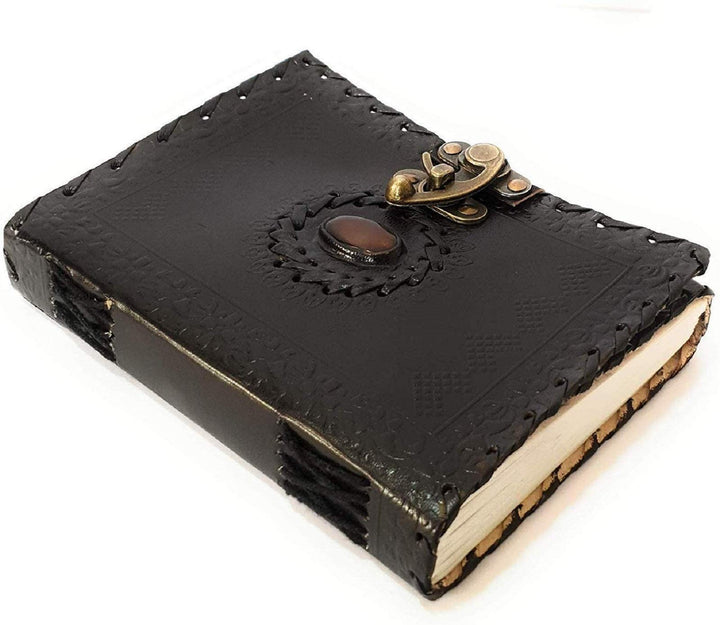 ININDIA Handmade Pure Leather Diary Leather Journal for Men and Women -Office Home Daily Use, Poem Writing with Lock Diary 7 Inches and Luck Stone (Black)-Tuzech store
