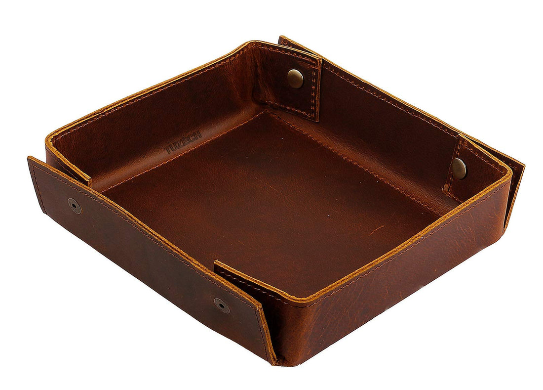 Leather Catchall Change Keys Coins Jewels Tray Organizer Box for Nightstand Big Storage Handmade Antique Brass Studs Decoration for Coin, Key, Phone (Bourbon Brown)-Tuzech store