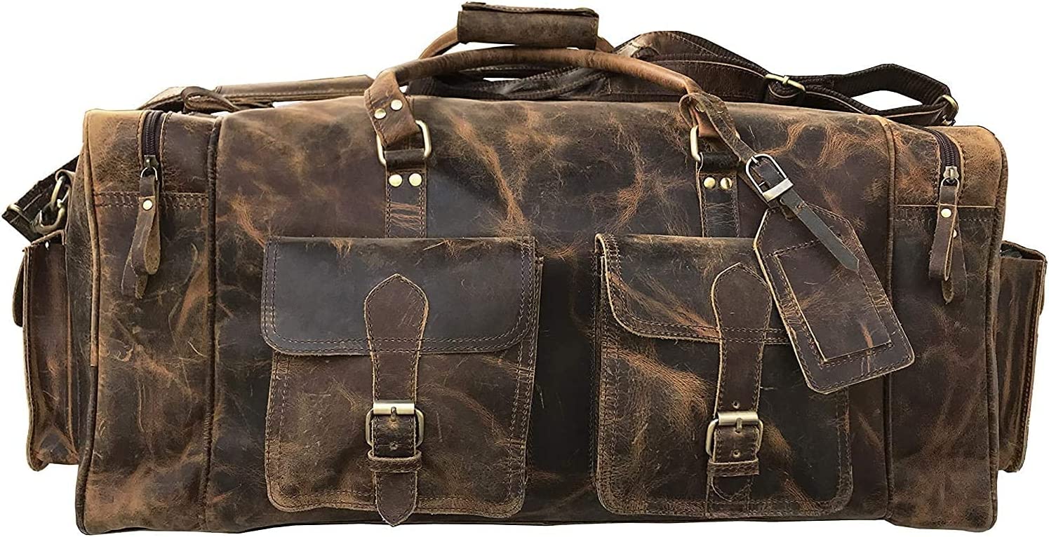 TUZECH Handmade Large Leather Luggage Duffel Weekender Travel Overnight Carry One Duffel Bag For Men (24 Inches)-Tuzech store