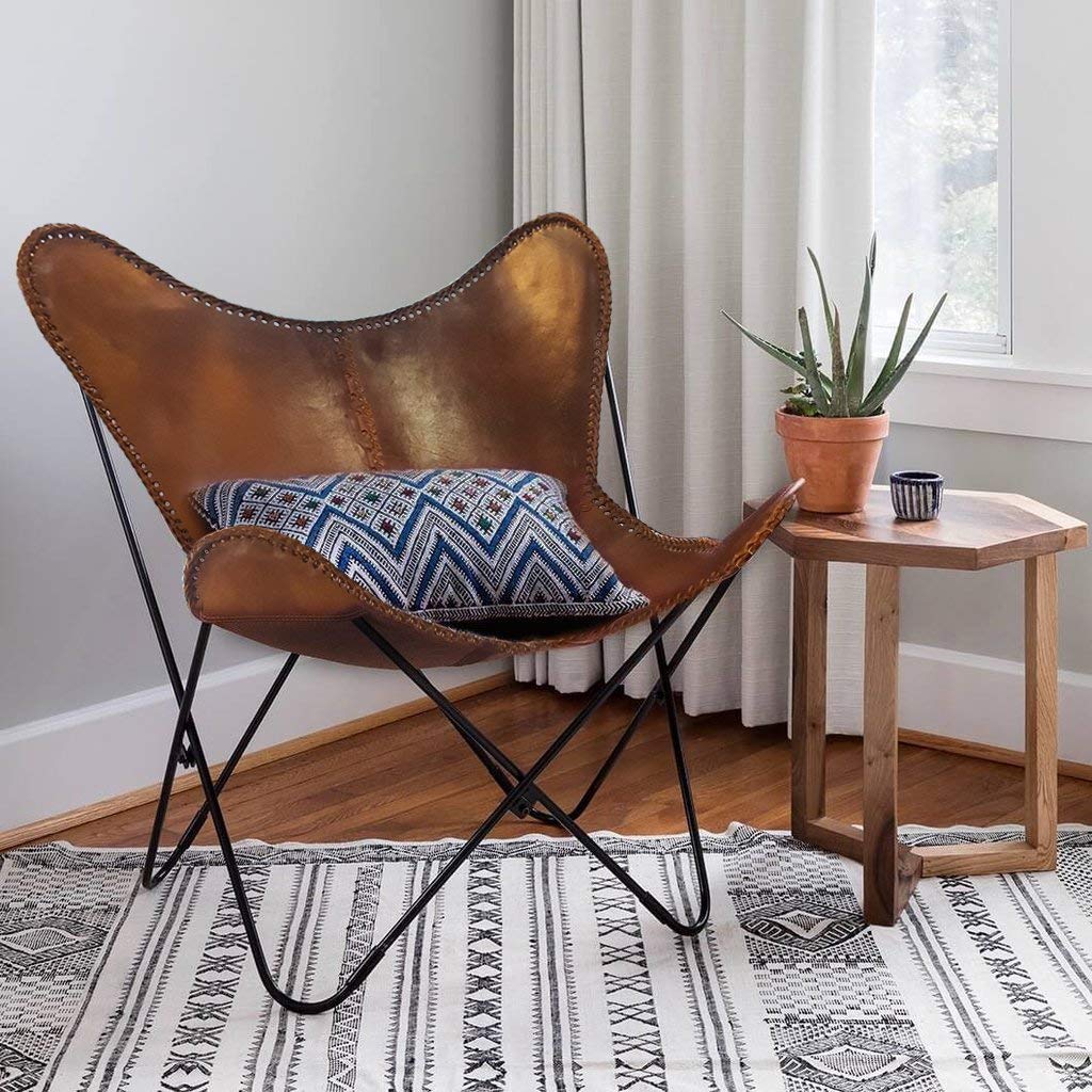 Tuzech Vintage Brown Leather & Arm Butterfly Chair | Genuine Tan Leather Butterfuly Chair Home Decor Handmade Leather Chair (No Need to Assemble - Ready to Use)-Tuzech store