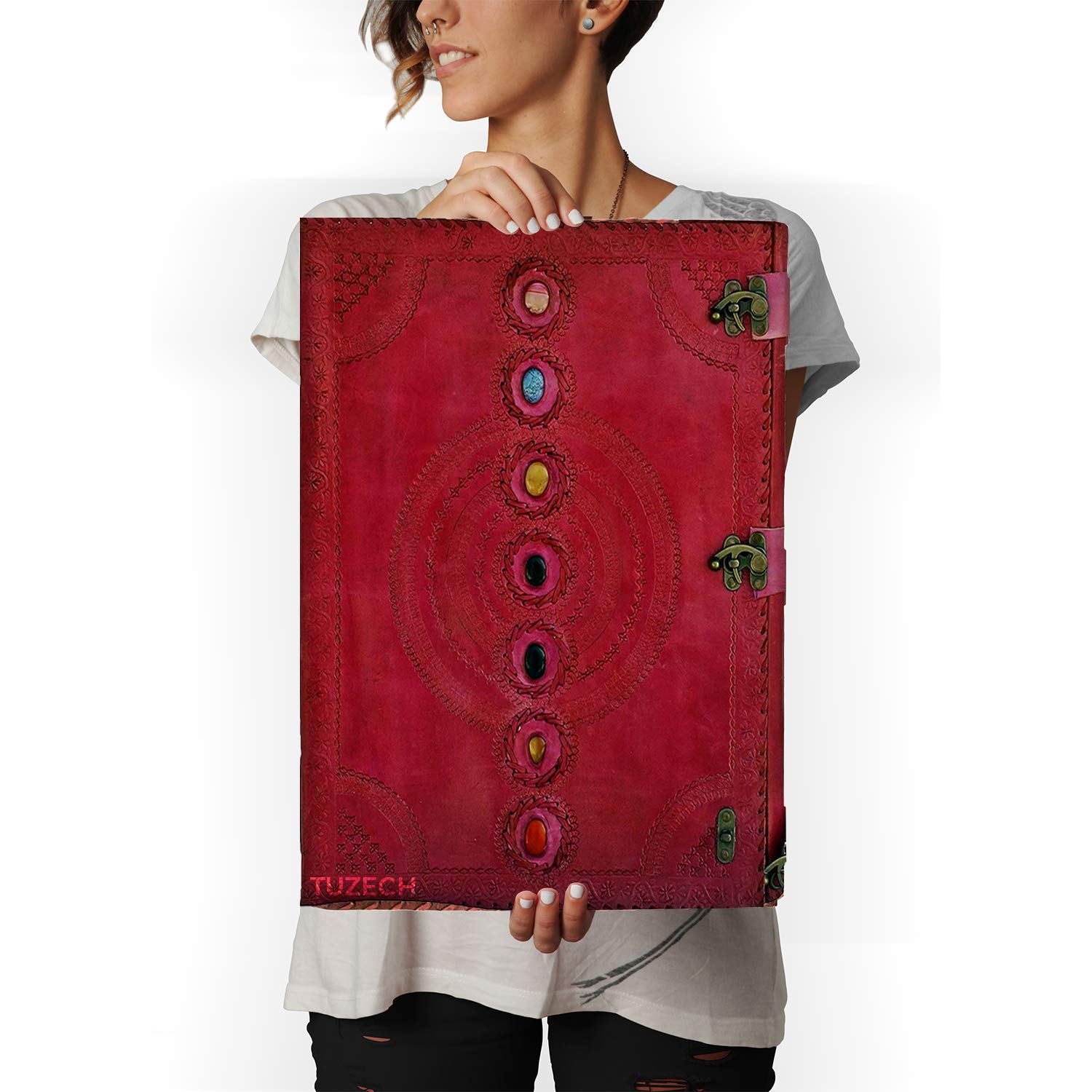 Tuzech Seven Chakra Medieval Stone Embossed Handmade Jumbo Leather Journal Book of Shadows Notebook Office Diary College Poetry Sketch-Tuzech store