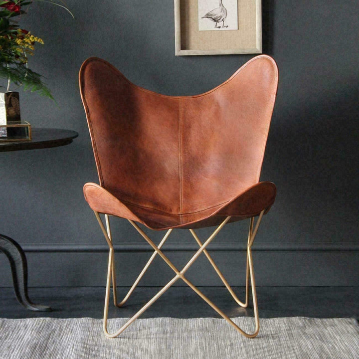 TUZECH Leather Living Room Chairs-Butterfly Chair Brown Handmade with Powder Coated Folding Iron Frame Leather Butterfly Chair-Tuzech store
