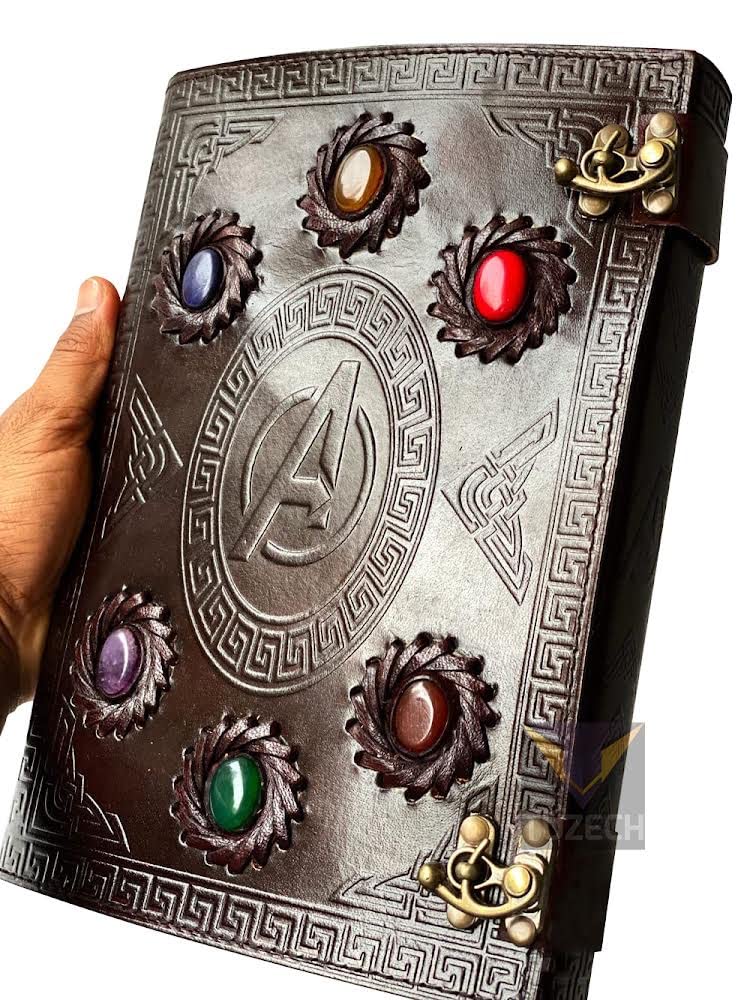 TUZECH Avengers embossed 10 inches Handmade Leather Journal With Stones / Art Sketchbook & Travel diary with Vintage lock Latch 7 x 10 Inch-Tuzech store