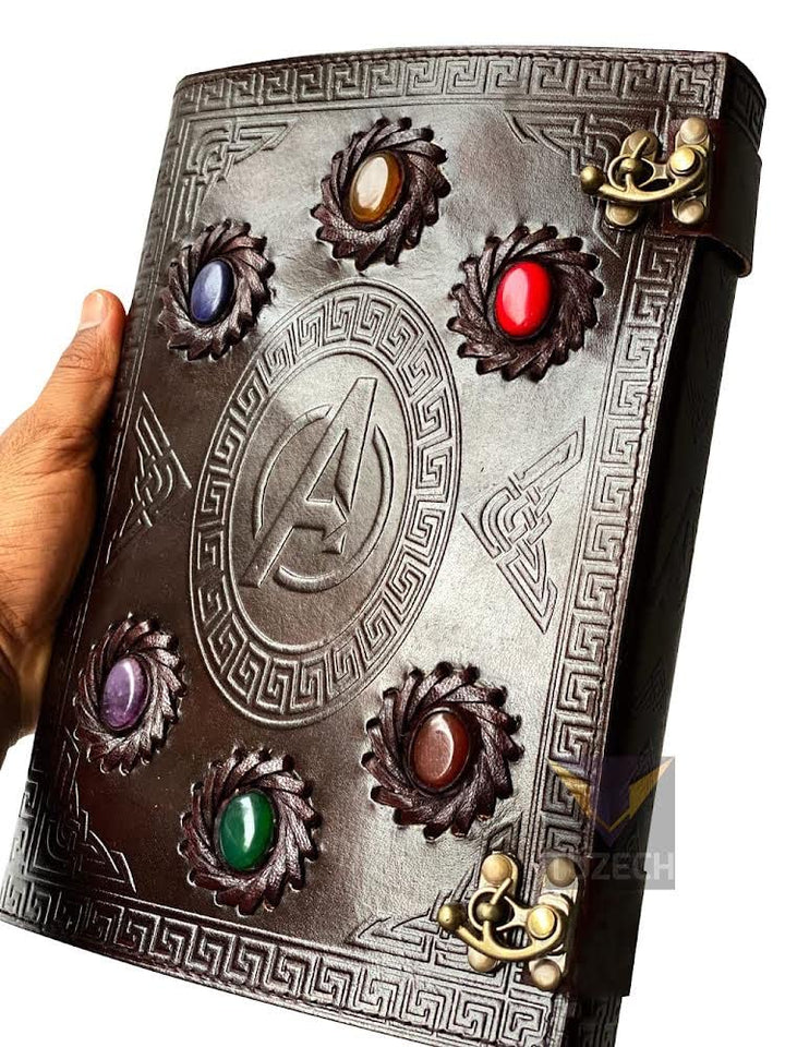 TUZECH Avengers embossed 10 inches Handmade Leather Journal With Stones / Art Sketchbook & Travel diary with Vintage lock Latch 7 x 10 Inch-Tuzech store