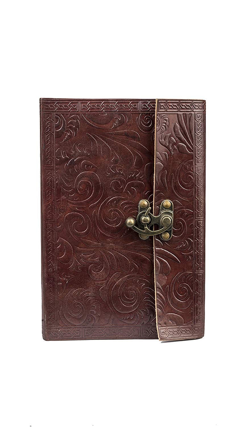 TUZECH House Leather Journal Writing Notebook - Antique Handmade Leather Bound Daily Notepad for Men + Women Unlined Paper Sketchbook, Travel Diary C Lock Brown (9 x 6 Inch)-Tuzech store