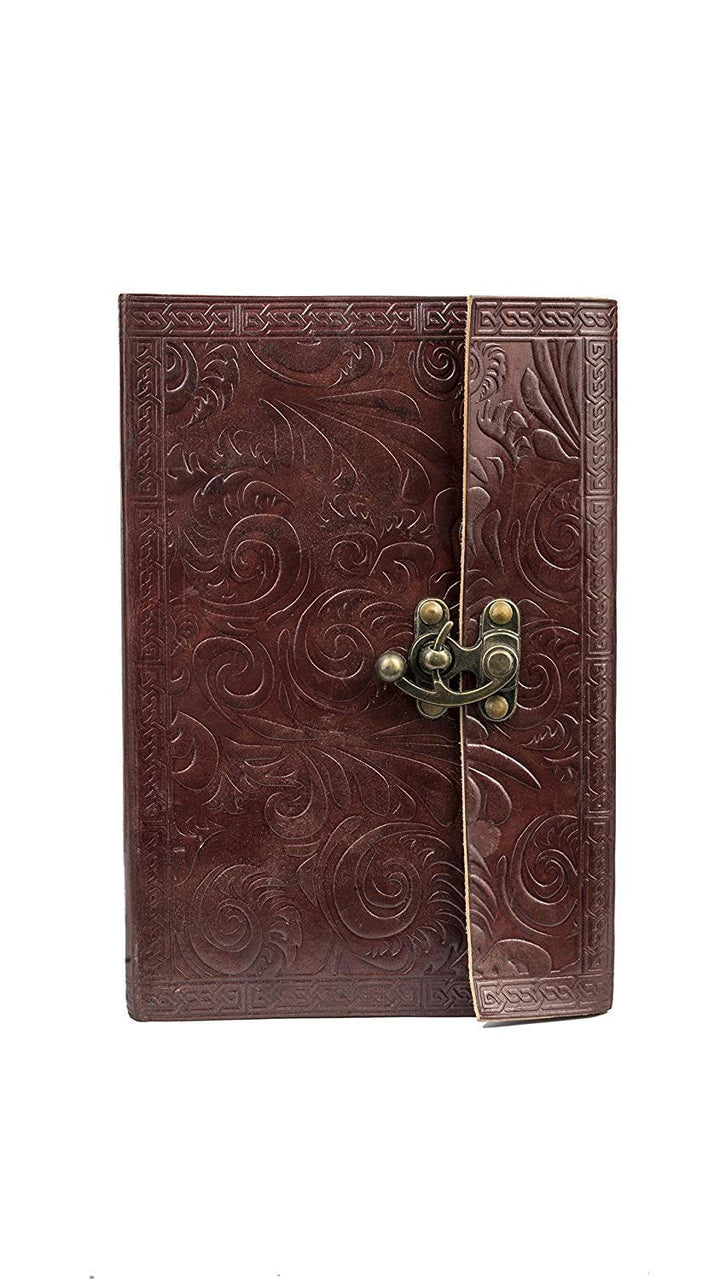 TUZECH House Leather Journal Writing Notebook - Antique Handmade Leather Bound Daily Notepad for Men + Women Unlined Paper Sketchbook, Travel Diary C Lock Brown (9 x 6 Inch)-Tuzech store