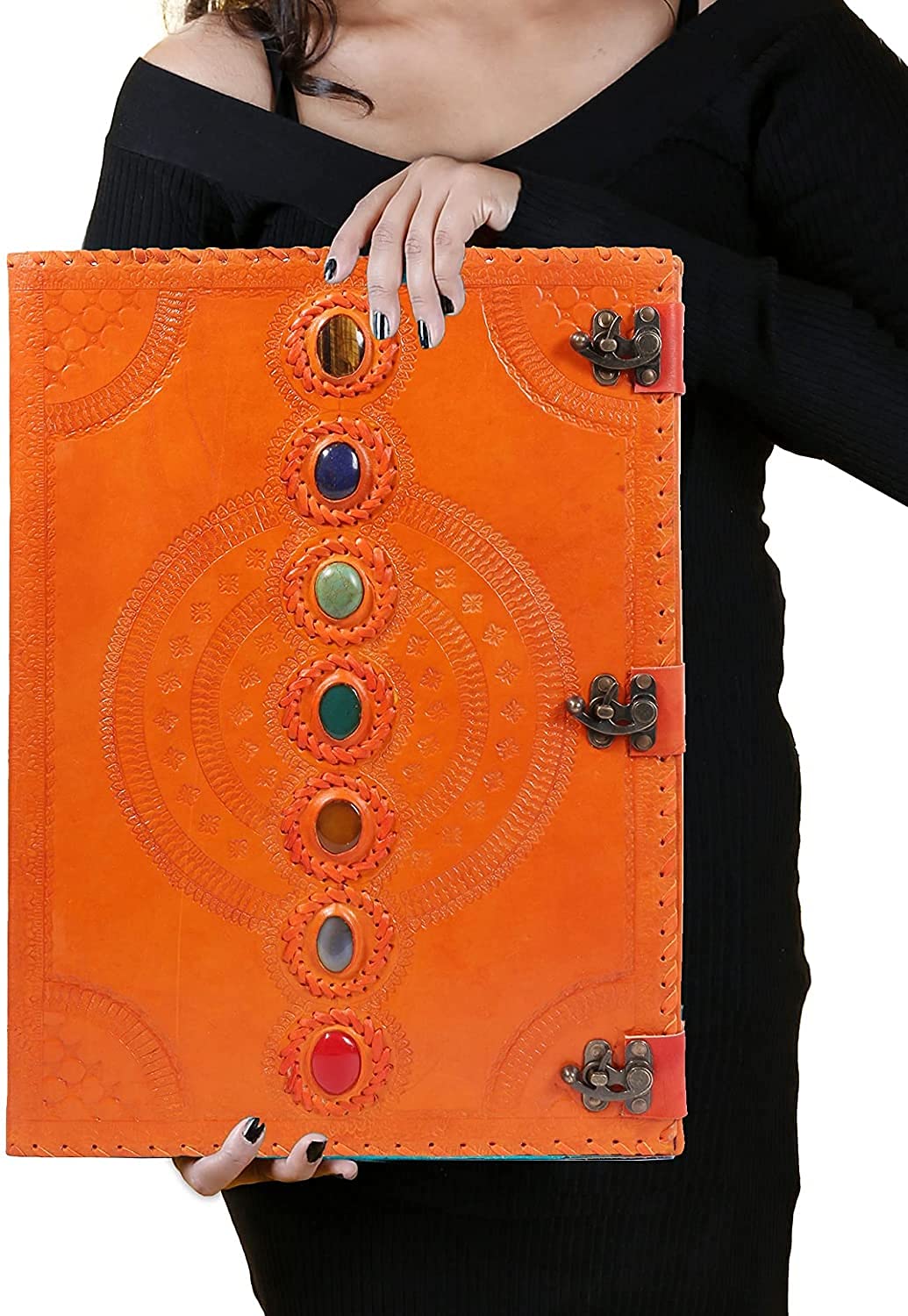Tuzech Seven Chakra Medieval Stone Embossed Handmade Jumbo Leather Journal Book of Shadows Notebook Office Diary College Poetry Sketch-Tuzech store