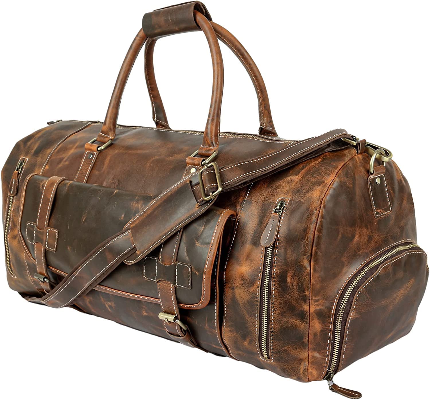Tuzech Vintage Leather men's Travel Duffle luggage bag with Shoe Pouch,Professional Bag Gym Sports Soft Shell Overnight Weekend Brown Color