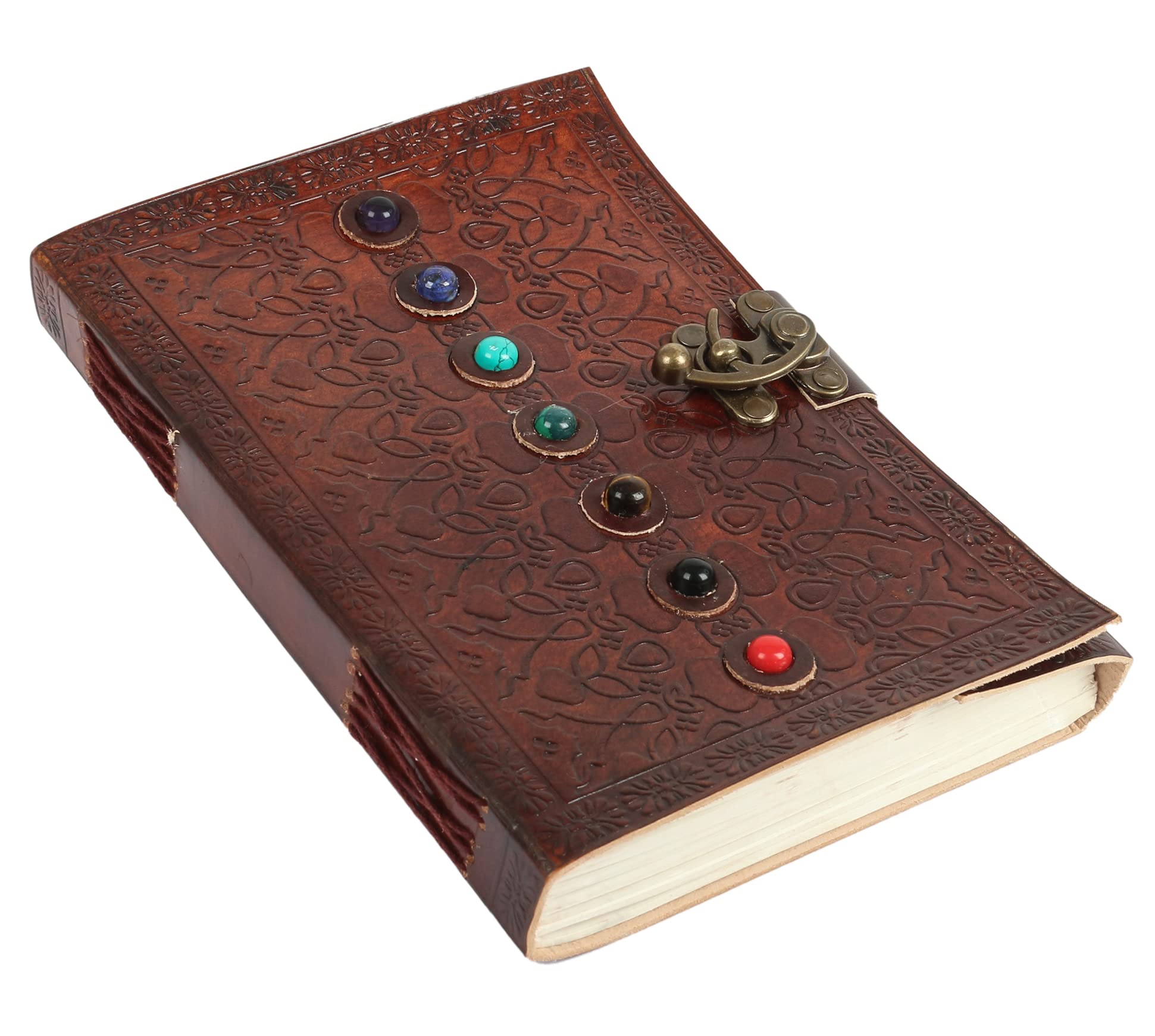 Tuzech Leather Book of Shadows Journal, Supernatural Notebook with Chakra Gem Stones Healing Crystals and Latch, (Brown Single Lock)-Tuzech store