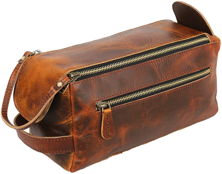 Tuzech Vintage Full Grain Leather Handmade Travel Toiletry Bag Vintage Travel Shaving & Dopp Kit : for Toiletries, Cosmetics & More (Dark Brown)-Tuzech store