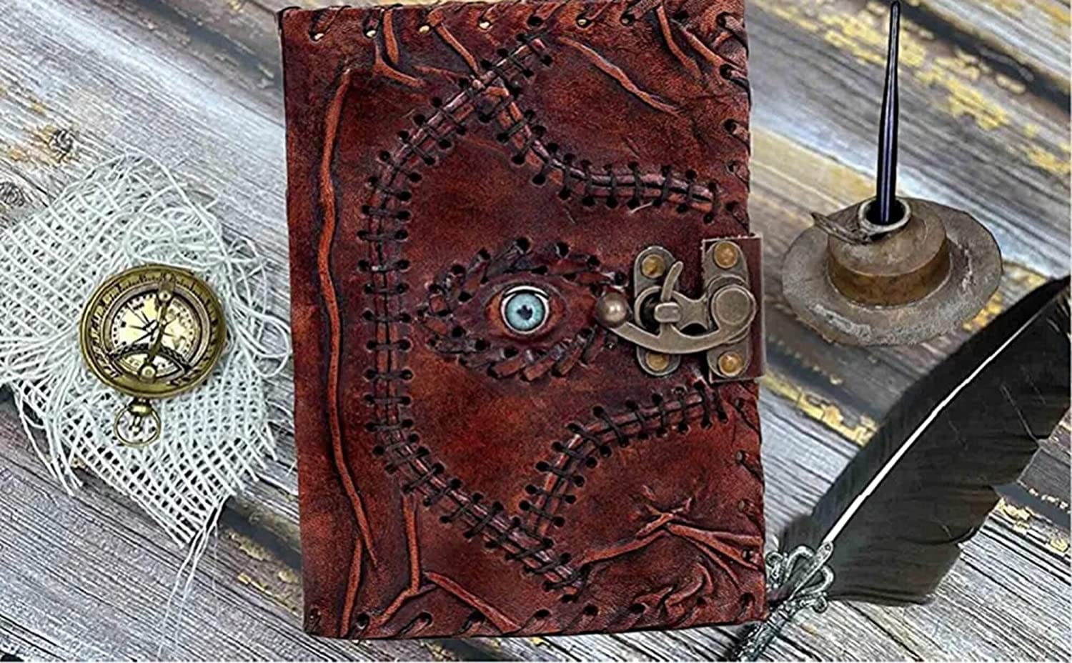 TUZECH Customizable Hocus Pocus Book of Spells Leather Journal Deckle Edge Paper Grimoire Journal Third Eye Vintage Book of Shadows Seven Chakra Antique Spell Book Lock Clasp Notebook Witch