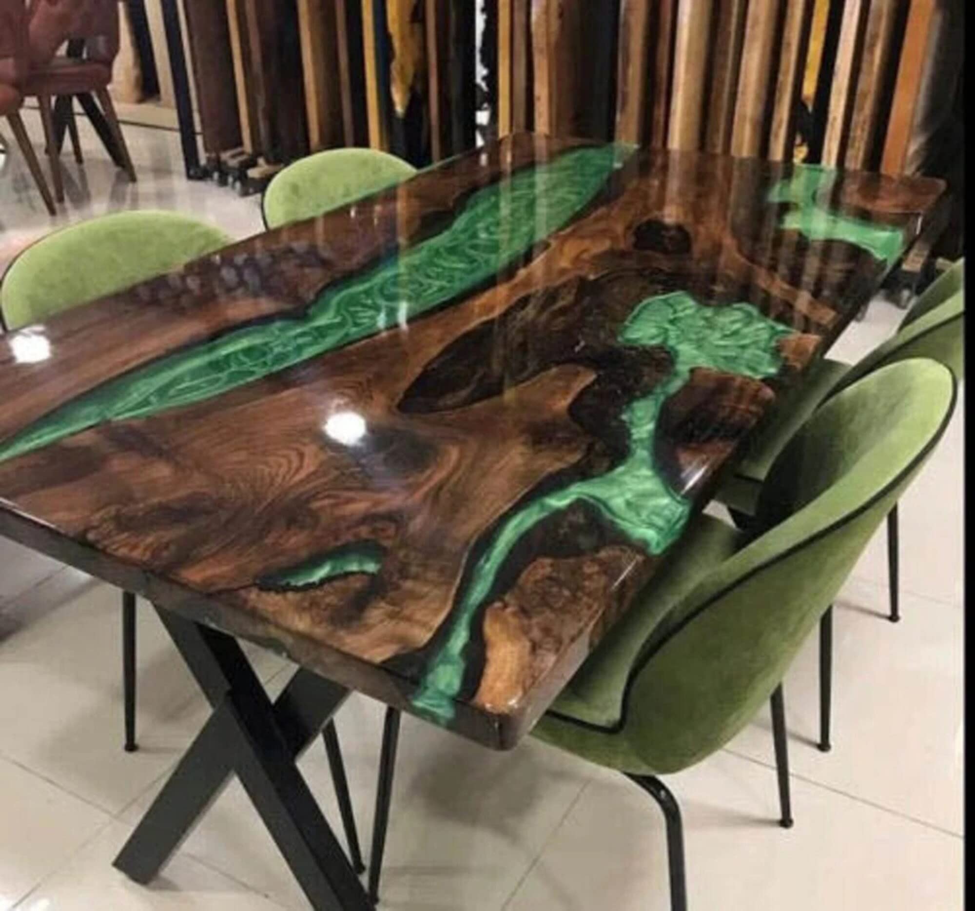Customizable Large EPOXY Table, Green Epoxy Resin-Wood Dining Table for 2, 4, 6, 8River Dining Table Top, Coffee Table Top, Living Room Table-Tuzech store