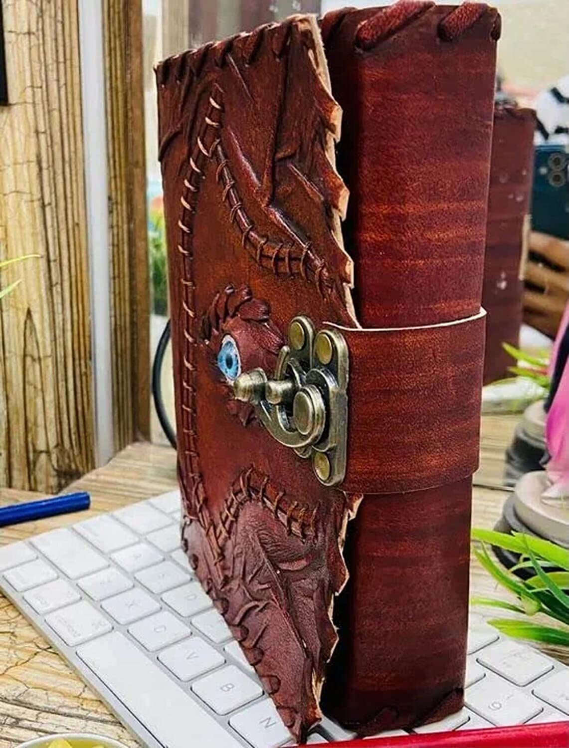TUZECH Customizable Hocus Pocus Book of Spells Leather Journal Deckle Edge Paper Grimoire Journal Third Eye Vintage Book of Shadows Seven Chakra Antique Spell Book Lock Clasp Notebook Witch