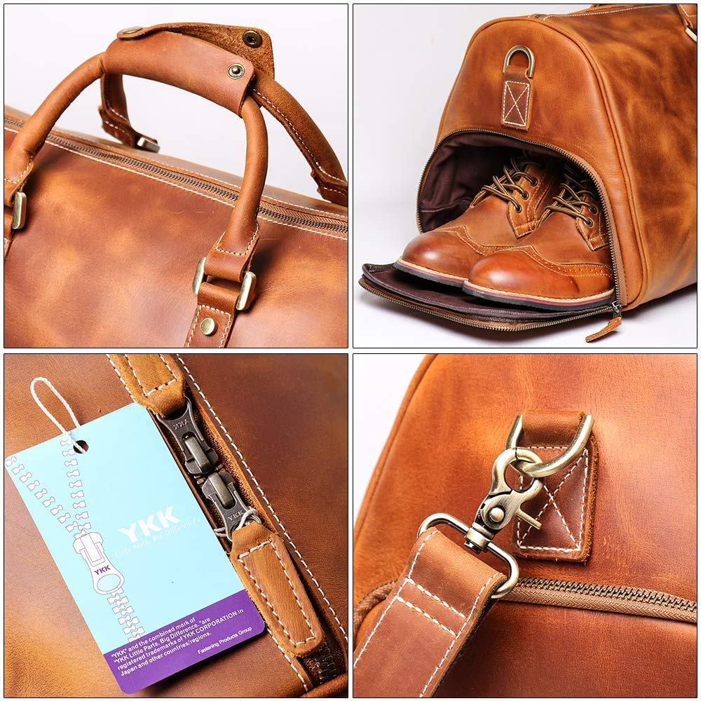 TUZECH Leather Vintage Travel Luggage Bag Men Duffel Retro Carry on Handbag Tan Brown – | Gym Sports Bag Airplane Luggage Carry-With Shoe Compartment (22 Inches)-Tuzech store