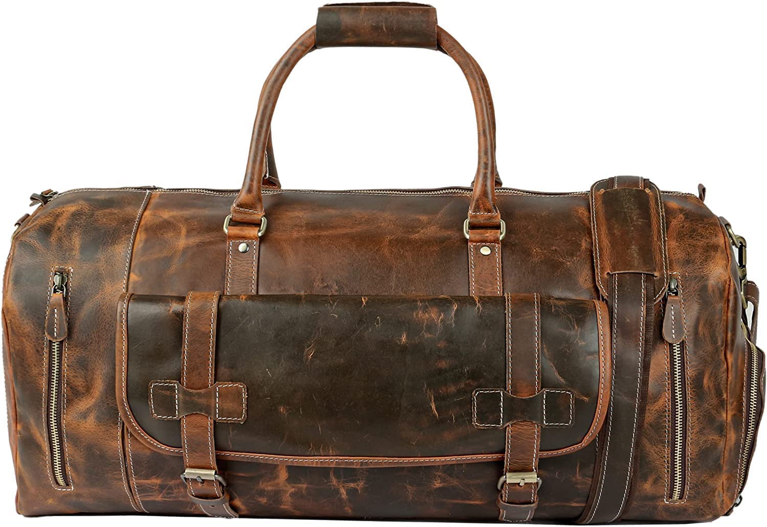 Tuzech Vintage Leather men's Travel Duffle luggage bag with Shoe Pouch,Professional Bag Gym Sports Soft Shell Overnight Weekend Brown Color