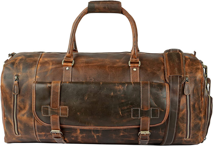 Tuzech Vintage Leather men's Travel Duffle luggage bag with Shoe Pouch,Professional Bag Gym Sports Soft Shell Overnight Weekend Brown Color