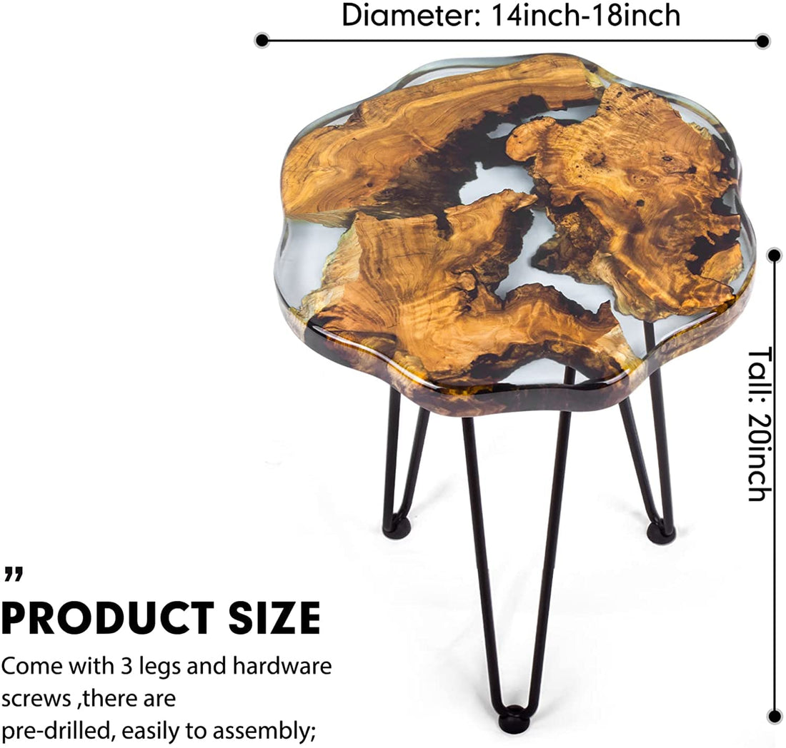 Crystal Clear Epoxy Resin Natural Edge Wood end Table, Wood Resin Side Table Hand Made Craft Coffee Table with Hairpin legs-20 inch Tall