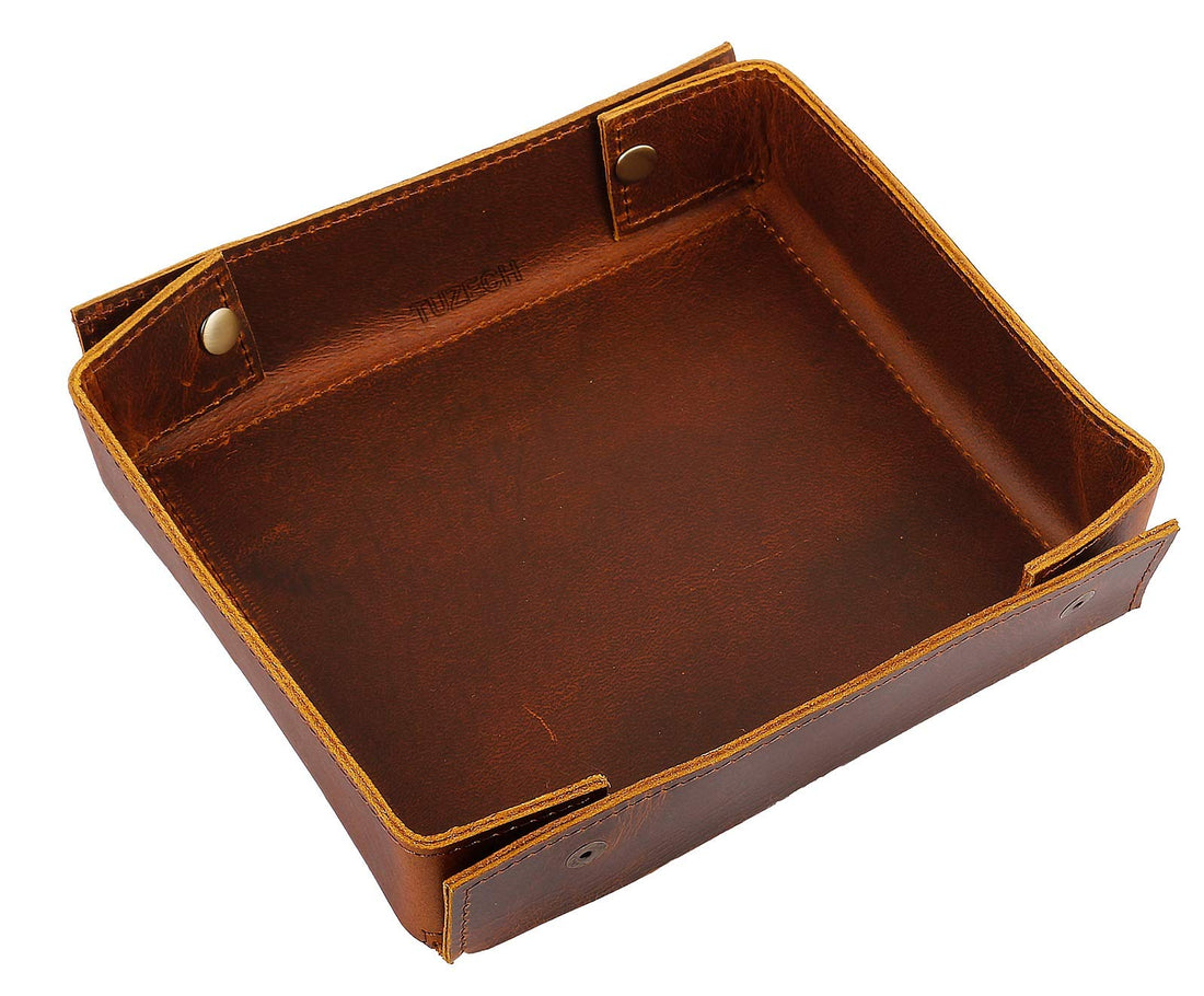 Leather Catchall Change Keys Coins Jewels Tray Organizer Box for Nightstand Big Storage Handmade Antique Brass Studs Decoration for Coin, Key, Phone (Bourbon Brown)-Tuzech store