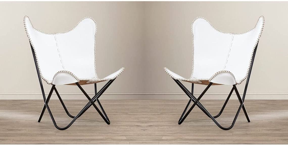 Tuzech Leather Butterfly Chair Vintage Leather Lounge Relax Arm Chair Handmade Genuine Leather Butterfly Chair White Leather Cover (with Fold-able Stand) 103x84x70 cm-Tuzech store