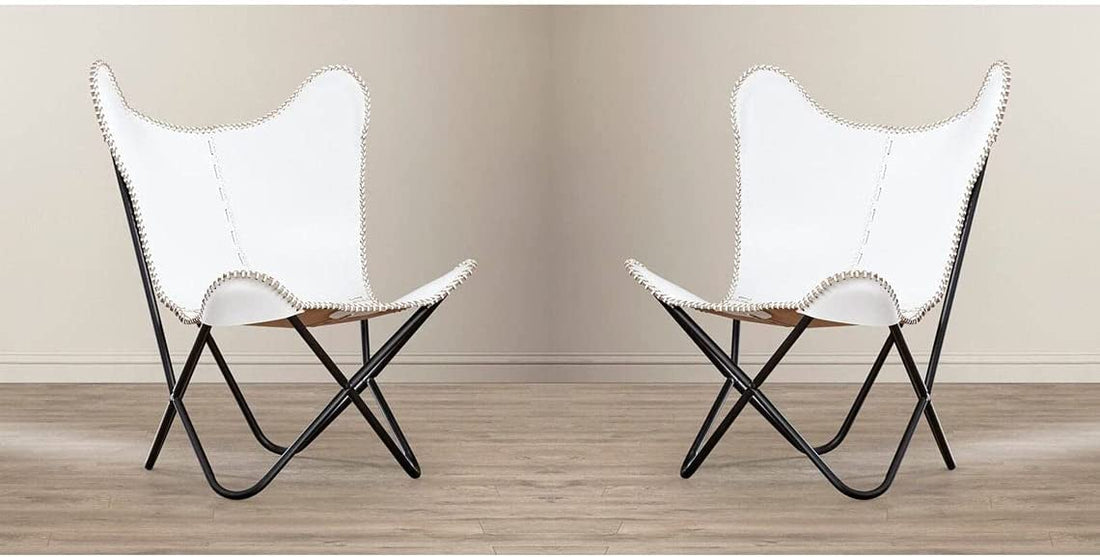 Tuzech Leather Butterfly Chair Vintage Leather Lounge Relax Arm Chair Handmade Genuine Leather Butterfly Chair White Leather Cover (with Fold-able Stand) 103x84x70 cm-Tuzech store