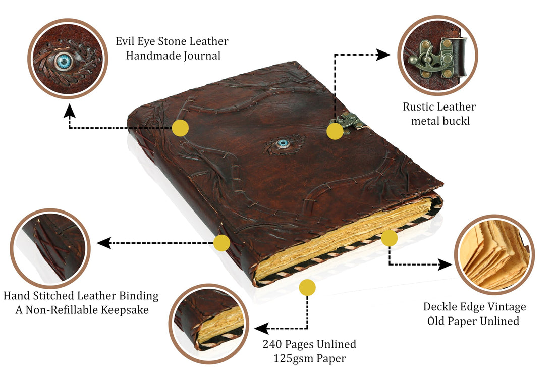 TUZECH Cutomizable Hocus Pocus Book of Spells Leather Journal Third Eye Deckle Edge Paper Grimoire Journal Vintage Book of Shadows Seven Chakra Antique Spell Book Lock Clasp Notebook Witch
