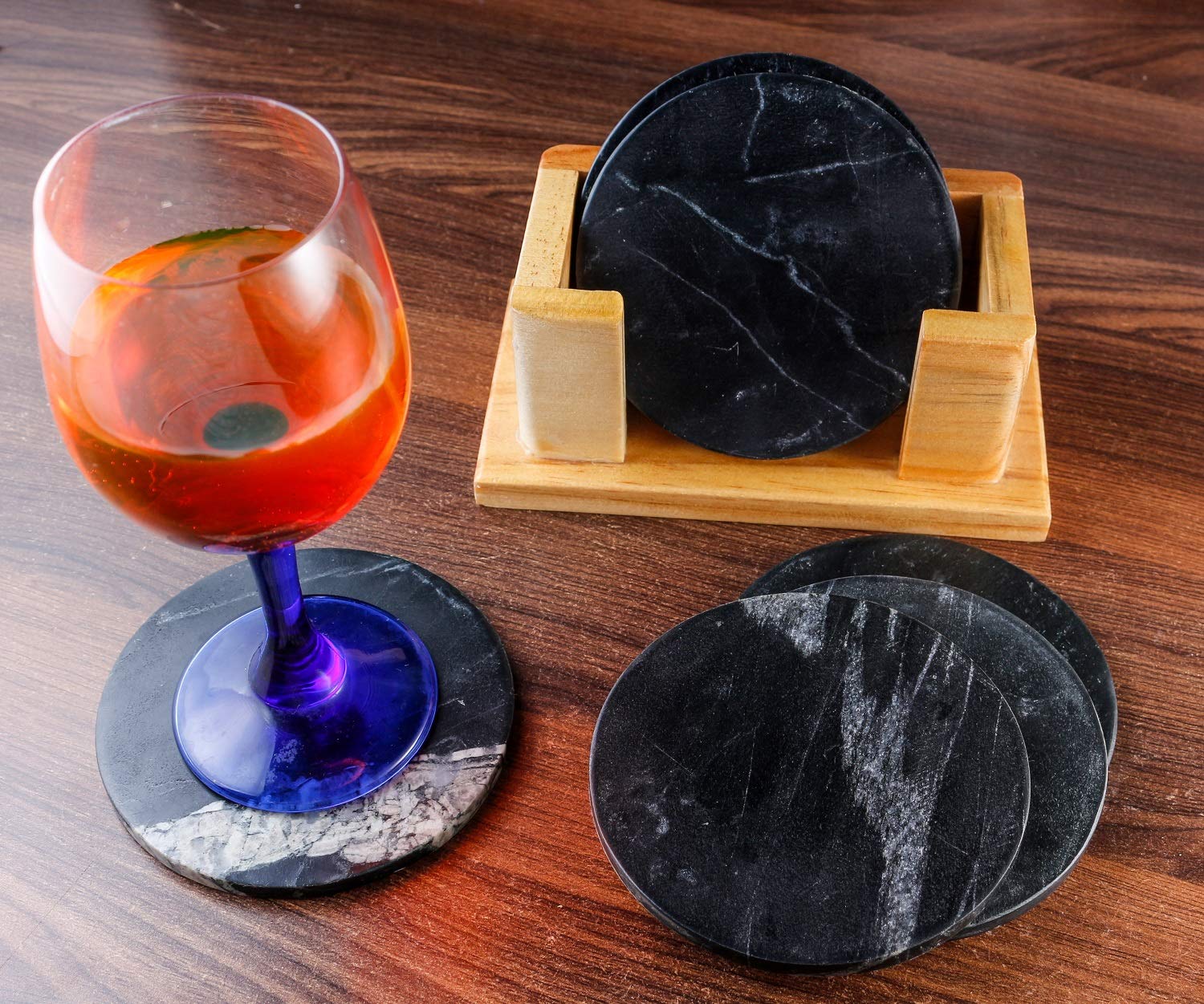 100% Pure Marble Natural Stone Coasters for Drinks with Wooden Holder Housewarming Suitable for Cup Glasses Prevent Furniture from Dirty Spills Water Ring, Scratches 4Inches Set of 6-Tuzech store