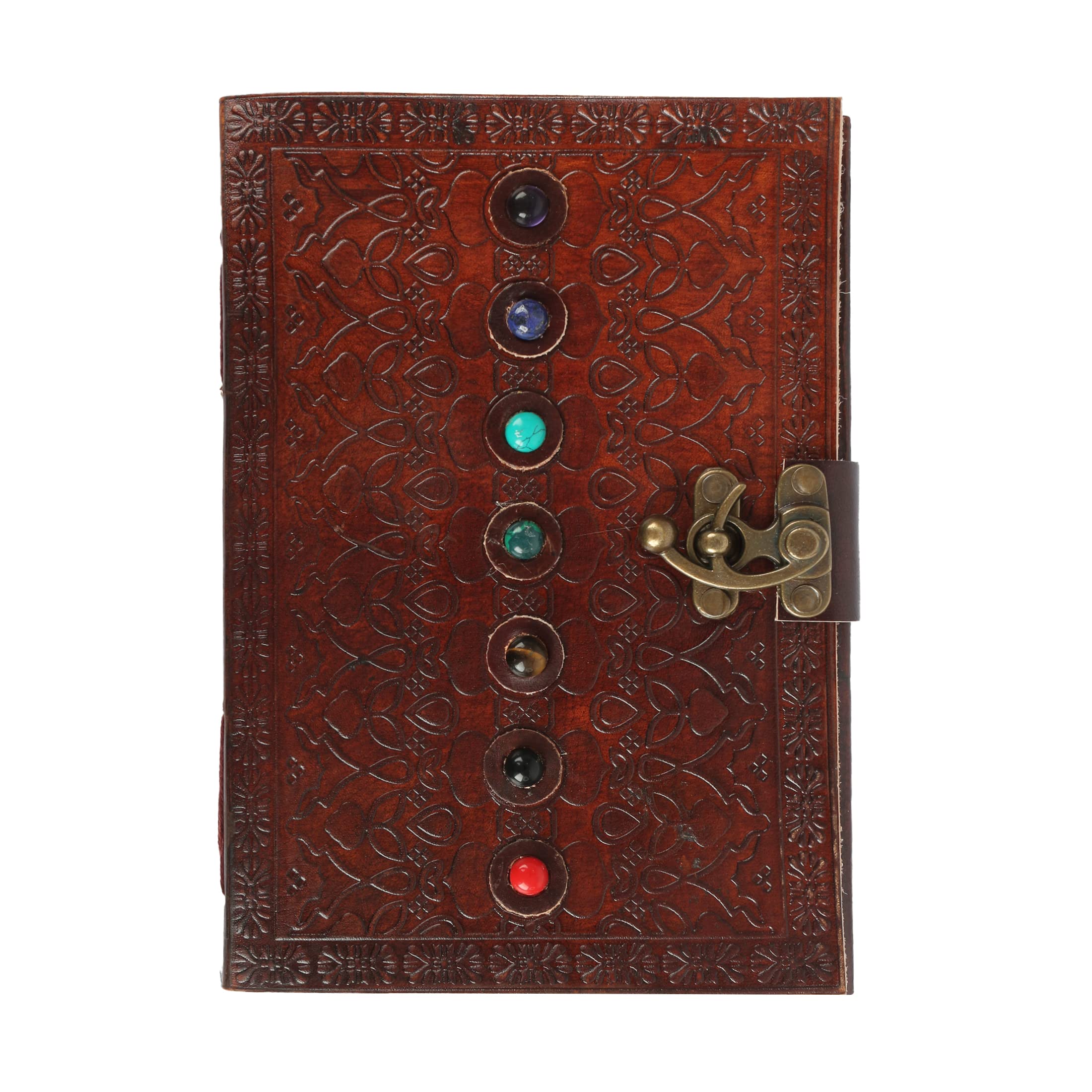 Tuzech Leather Book of Shadows Journal, Supernatural Notebook with Chakra Gem Stones Healing Crystals and Latch, (Brown Single Lock)-Tuzech store