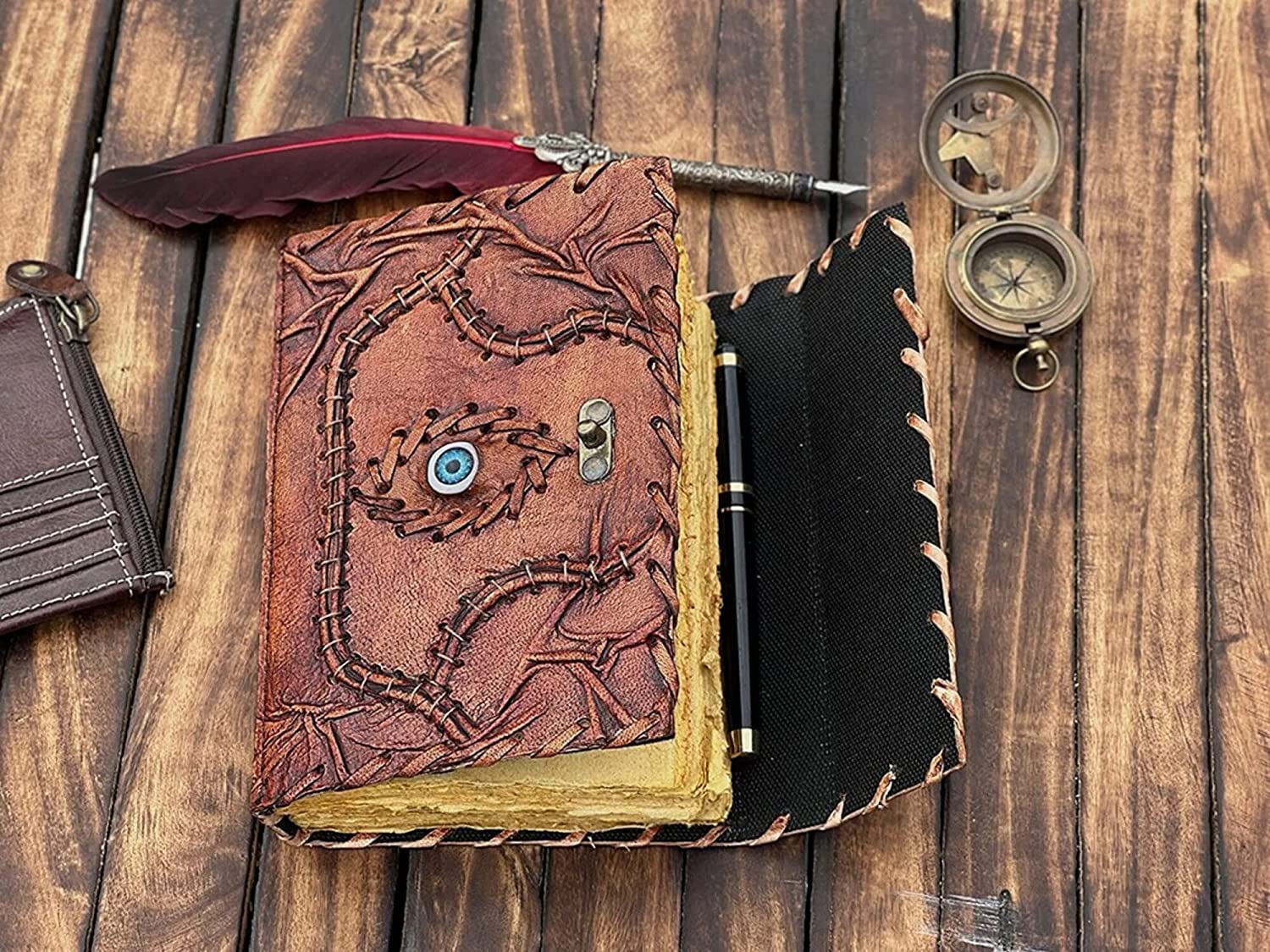 TUZECH Customizable Hocus Pocus Book of Spells Leather Journal Deckle Edge Paper Grimoire Journal Third Eye Vintage Book of Shadows Seven Chakra Antique Spell Book Lock Clasp Notebook Witch