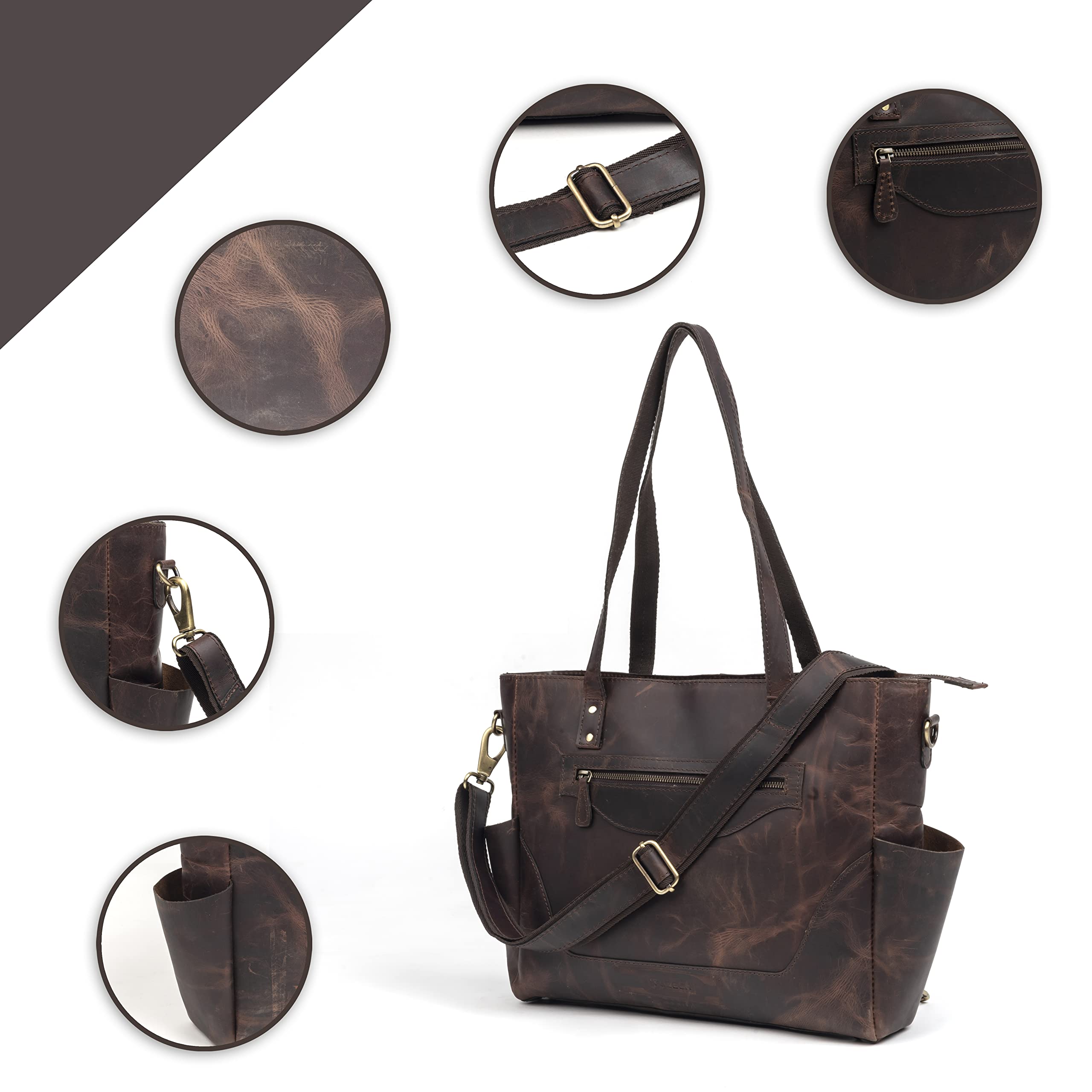 TUZECH Leather Tote Bag With Adjustable Strap,Big Pocket Gift for Women Full Grain Campus Bag Weekender Bag
